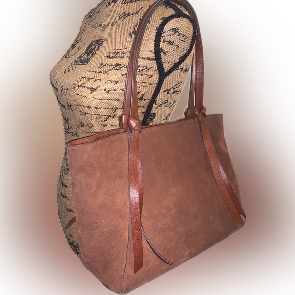 Fossil Cow Suede Rayna Large Boho Western Brown Leather Tote Purse Bag Fringe - Picture 12 of 15